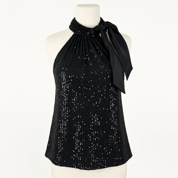 NEW Ramy Brook Women's Small Paula Sequined Tie Neck Halter Top Blouse Black - Picture 1 of 12